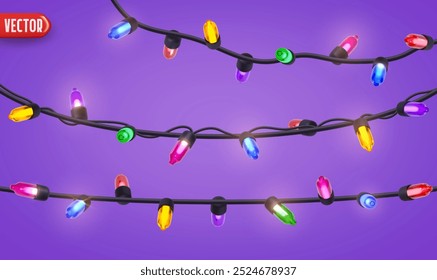 Festive Christmas Colorful string lights brightly glowing. Realistic 3d New Year decorations garland isolated on rich lilac background. vector illustration