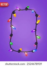 Natal festivo Colorido corda luzes brilhantes. Realistic 3d Ano Novo decorações guirlanda isolado no fundo lilás rico. ilustração vetorial
