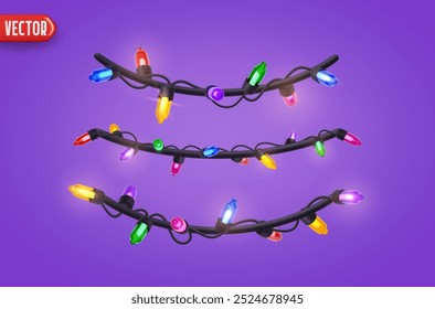 Festive Christmas Colorful string lights brightly glowing. Realistic 3d New Year decorations garland isolated on rich lilac background. vector illustration