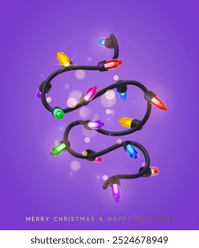 Festive Christmas Colorful string lights brightly glowing. Realistic 3d New Year decorations garland isolated on rich lilac background. vector illustration