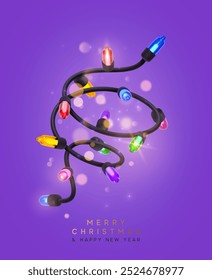 Festive Christmas Colorful string lights brightly glowing. Realistic 3d New Year decorations garland isolated on rich lilac background. vector illustration