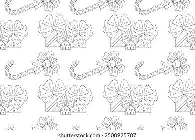 Festive Christmas coloring page featuring gifts and candy canes. Perfect for kids and adults to enjoy and color during the holiday season.