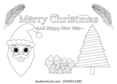 Festive Christmas coloring page featuring Santa, tree, gifts, and Merry Christmas text, perfect for kids holiday activities.