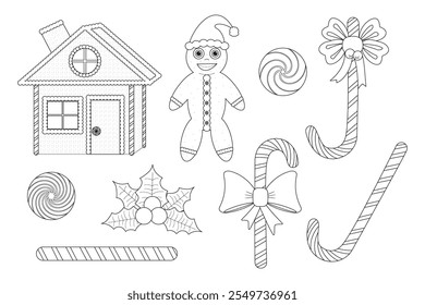 Festive Christmas coloring page featuring gingerbread house, candy canes, and holiday sweets. Perfect for holiday crafts and coloring fun.