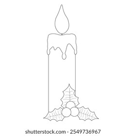 A festive Christmas coloring page featuring a decorative candle with holly leaves and berries. Perfect for kids' holiday coloring fun.