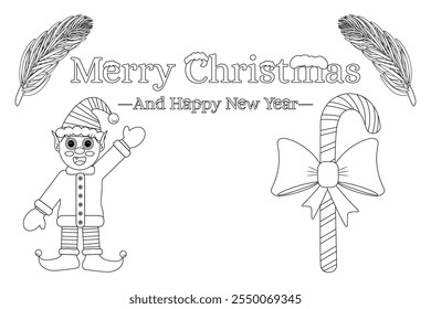 Festive Christmas coloring page featuring a cheerful elf and a candy cane with a bow, perfect for kids and holiday activities.