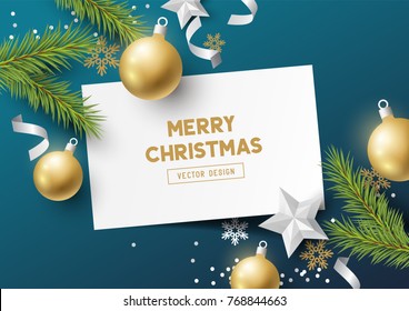 Festive Christmas Composition with fir branches, christmas baubles and snowflakes on a colorful abstract background. Top view vector illustration.