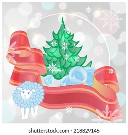 Festive Christmas composition with Christmas tree, sheep, balls and red ribbon.