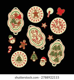 Festive Christmas cookie featuring decorated gingerbread men, candy canes, snowmen, Santa cookies, Christmas trees, bows and snowflake treats arranged on vintage serving platters. Perfect for wrapping paper, textiles and holiday packaging.