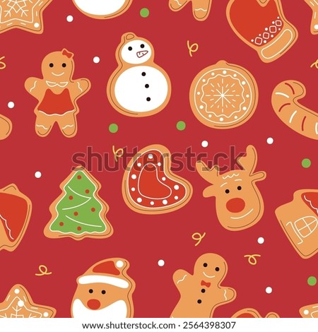 Festive Christmas cookie pattern. Delicious, beautiful Christmas baking. A wonderful sweet pastry for the festive table. Vector illustration