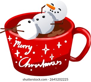 A festive Christmas cup filled with hot chocolate and topped with a cute marshmallow snowman. Perfect for themes related to winter, celebration, comfort, and seasonal treats