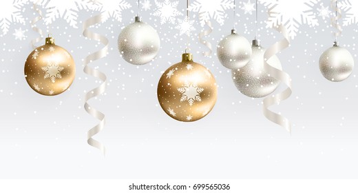 Festive Christmas decoration for website, social networks, blog or your video channel. Light seamless horizontal pattern. The endless tape. Vector. EPS10. White and gold christmas balls and serpentine