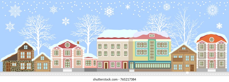 Festive Christmas decoration. Winter panorama of the old historical town. Vector illustration for books, cards and textile.