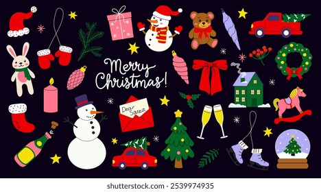 Festive Christmas decorations and symbols on a dark background celebrating the holiday season