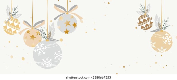 Festive Christmas decorative background with toys, balls, flowers, and gold. Luxury illustration for print, holidays, banner, templates.	