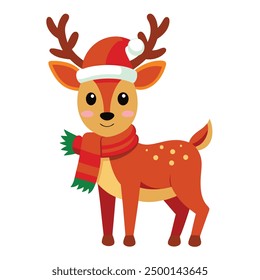 Festive Christmas Deer in Santa Hat and Scarf Vector - Cartoon Clipart Design