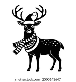 Festive Christmas Deer in Santa Hat and Scarf Vector - Cartoon Clipart Design