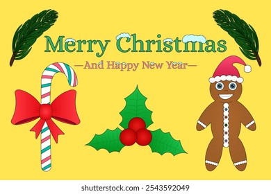 Festive Christmas design with candy cane, gingerbread man, and holly. Ideal for holiday cards, invitations, and seasonal decorations