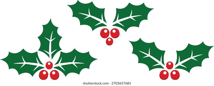 A festive Christmas design featuring clusters of green holly leaves with bright red berries. Perfect for holiday cards, seasonal decorations, borders, and cheerful winter-themed graphics.