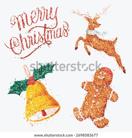 Festive Christmas design with glittery elements: reindeer, gingerbread man, bell, and holly. Christmas cheer with glittery reindeer and gingerbread. Merry Christmas text. Christmas vector set.