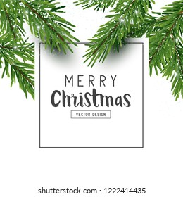 Festive Christmas design layout composition with fir tree branches and falling snow. Top view Vector illustration.