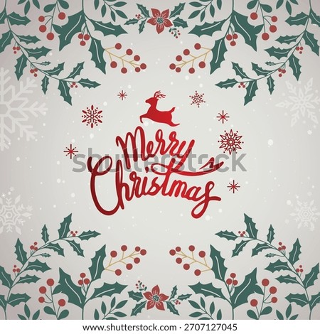 Festive Christmas design with 'Merry Christmas' text. Christmas holly, berries, and snowflakes create a Xmas theme. Perfect for Christmas cards and decor. Xmas greeting typography vector.