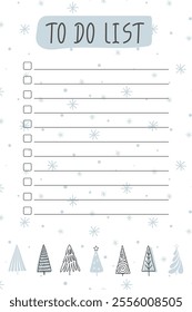 Festive Christmas To Do List template with hand drawn doodle style snowflakes and Christmas trees. New Year checklist. Perfect for holiday planning. Creative holiday preparing