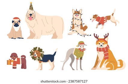 Festive Christmas Dogs Wear Santa Hats, Eagerly Wagging Their Tails, Surrounded By Twinkling Lights And Ornaments