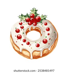 Festive Christmas Donut with Holly Decoration. Holiday Donut with Icing and Holly Berries. Decorative Christmas Donut with White Glaze