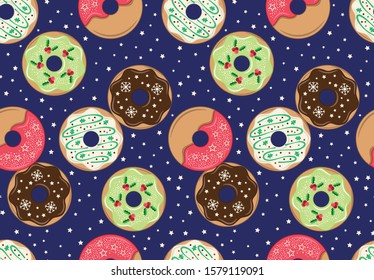 Festive Christmas Donuts Seamless Pattern on a Navy Ground