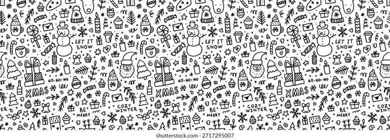 Festive Christmas doodle pattern with hand-drawn gifts, stockings, and wreaths. Seamless winter backdrop featuring whimsical outlines and playful holiday gifts in black and white.