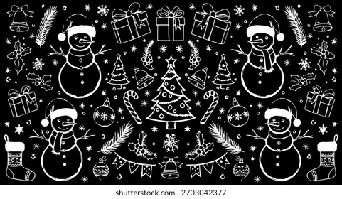Festive christmas doodle pattern on a featuring snowmen, christmas trees, gifts, and other holiday elements, perfect for seasonal designs