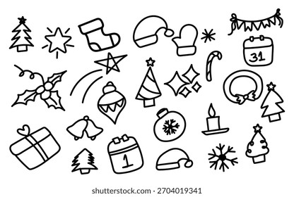 Festive christmas doodles seamless pattern features holiday icons in black outline creating a fun and simple design perfect for wrapping paper or scrapbook projects this season.