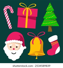 Festive Christmas elements featuring Santa, candy canes, gifts, a Christmas tree, and a bell. Perfect for holiday cards, decor, and any designs needs. Bright and cheerful holiday vibes