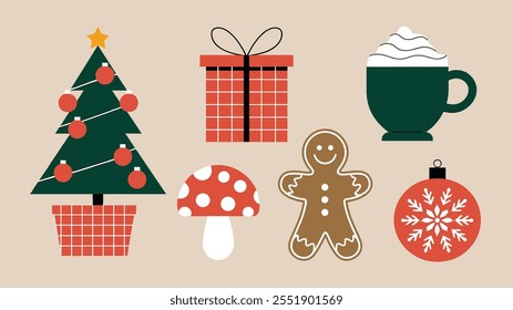 Festive Christmas elements including a tree, gift, gingerbread man, mug of hot chocolate, bauble, and mushroom on a beige background
