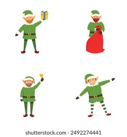 Festive christmas elf cartoon character illustration collection with santa's helper poses and seasonal holiday decoration elements