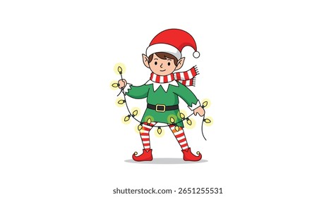 Festive christmas elf dressed in green adorned with twinkling lights wearing a red hat and scarf