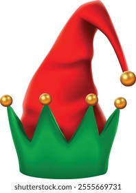 Festive christmas elf hat featuring vibrant red and green colors, adorned with golden balls, evokes the joyous spirit of the holiday season, perfect for greeting cards or festive decorations