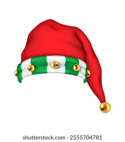 Festive Christmas elf hat with small bells realistic vector illustration. Whimsical New Year holiday accessory 3d object on white background