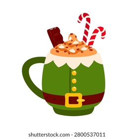 Festive Christmas elf mug overflowing with whipped cocoa, marshmallows, chocolate bar and candy canes. Cartoon cozy holiday eggnog drink cup and playful seasonal sweet dessert for winter celebrations