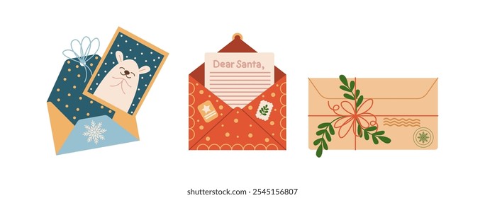 Festive Christmas envelopes with cards and letters flat color vector objects set. Holiday greeting cards illustrations bundle on white