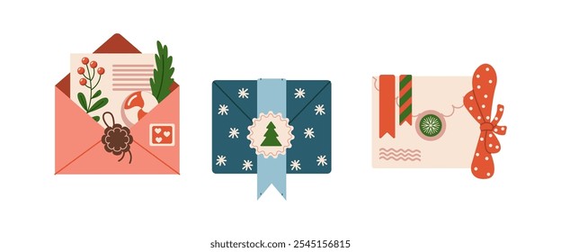 Festive Christmas envelopes with letter candy and bow flat color vector objects set. Spirit of new year illustrations bundle on white background