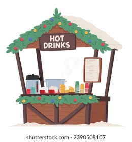 Festive Christmas Fair Stall With Colorful Gifts, Souvenirs, Twinkling Lights, And Holiday Decorations, Exuding Warmth And Cheer In The Wintry Night. Wooden Festive Kiosk. Cartoon Vector Illustration