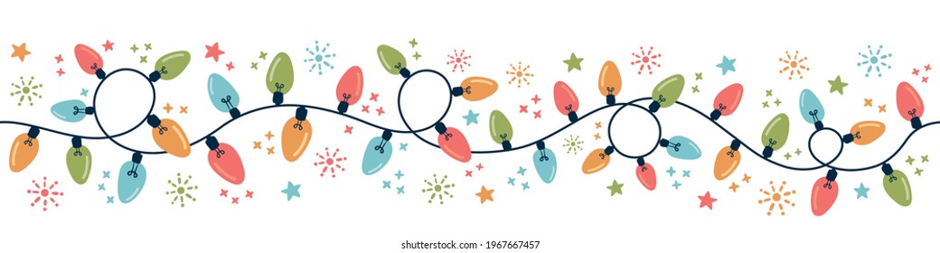 Festive Christmas Fairy Lights Colourful seamless vector border