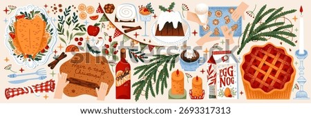 Festive Christmas Feast Vector: Delicious holiday food and baking. Christmas dinner vector illustration with food, turkey, mulled wine, pie, table setting, gingerbread making, cooking, eggnog, dessert