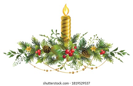 Festive Christmas fir garland with red berries and candle. Vector illustration.