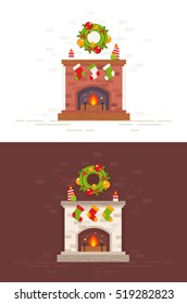 Festive Christmas fireplace illustration in flat style isolated on white and dark background for greeting cards and New Year invitations