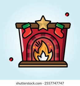 A festive Christmas fireplace illustration with stockings and a star on top.  Perfect for holiday cards or decorations.