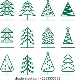 festive Christmas flat minimal abstract trees, editable organized and named layers, transparent background