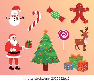 Festive Christmas flat set vector illustration featuring holiday-themed icons like Santa, trees, gifts, and more. Perfect for seasonal designs, branding, and decorations. High-quality and scalable